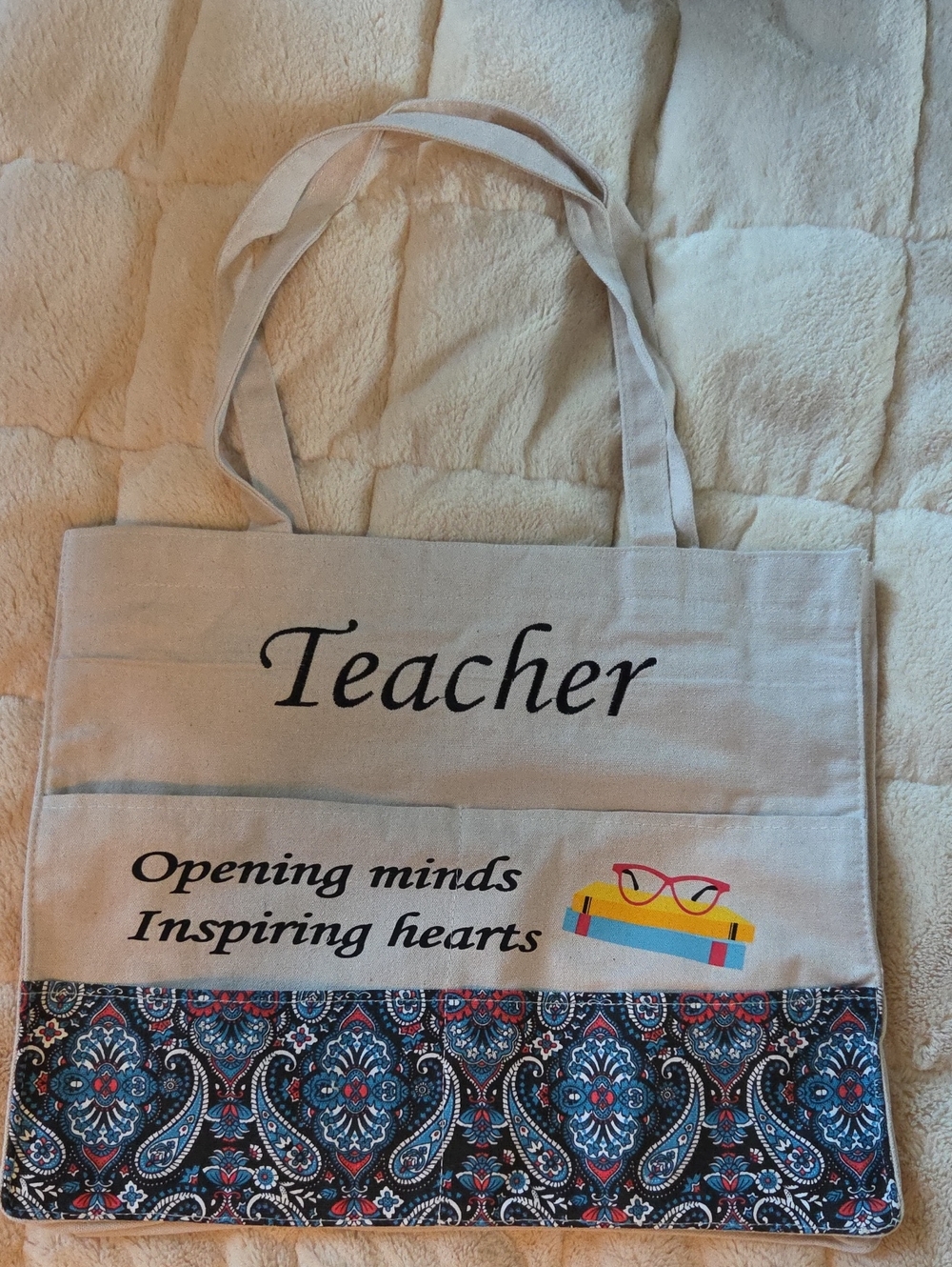 Teacher Canvas Tote Bag in Beige with Patterned Trim